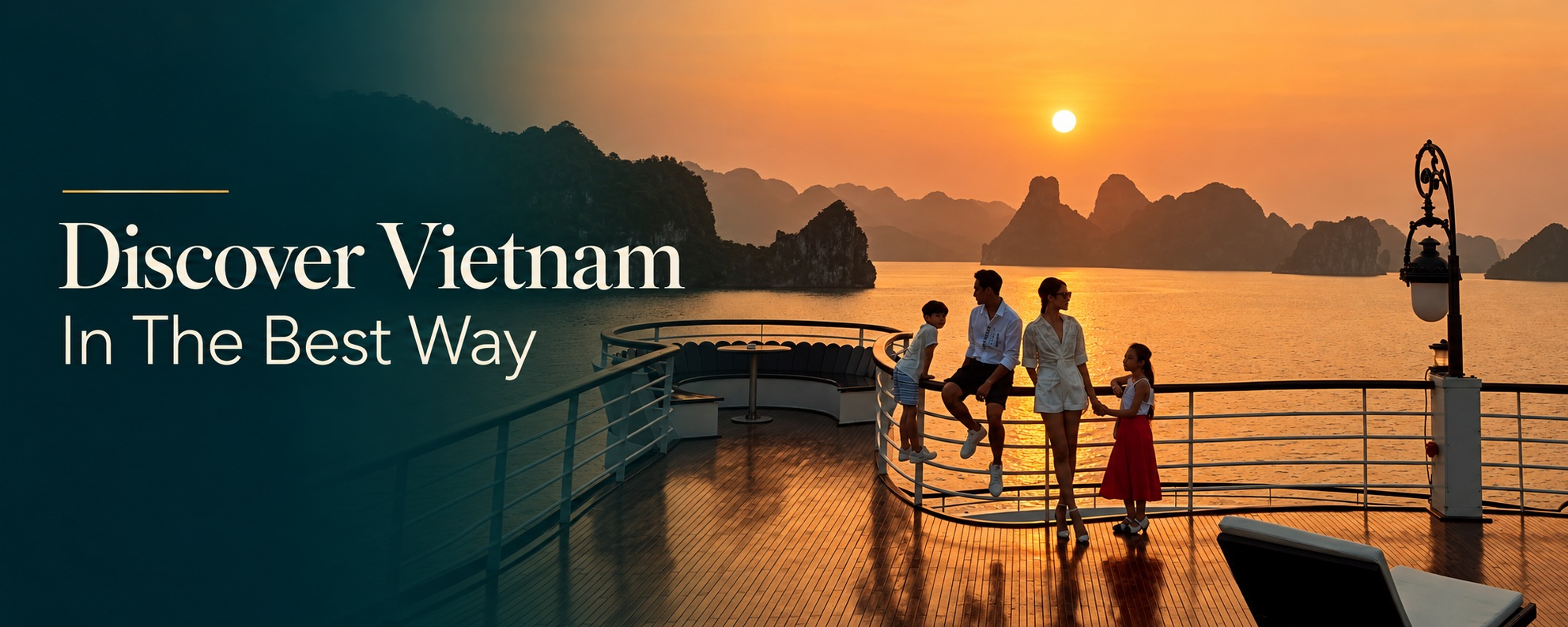 Discover Vietnam In The Best Way — a family on a cruise deck overlooking Ha Long Bay in golden light